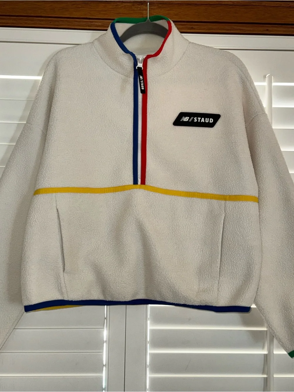 New Balance x Staud Sherpa Pullover | Sz Medium | off white with colored piping - Picture 4 of 9